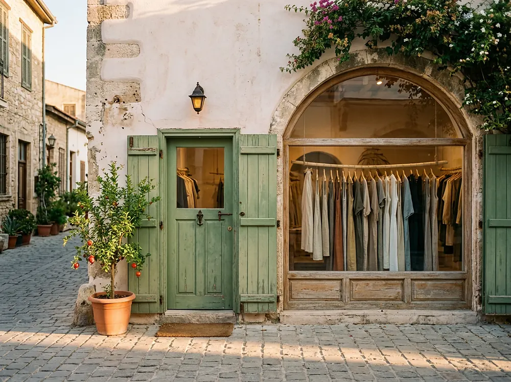 The shopfront: a pale stone facade, an arched window of linen dresses and a green door beside a pomegranate tree